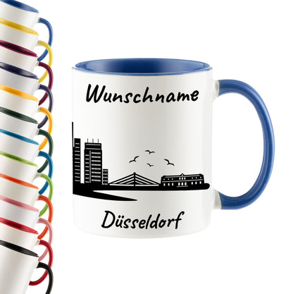 Tasse in Cambridge Blau 330ml bedruckt mit der Skyline von Düsseldorf personalisierbar mit Wunschname