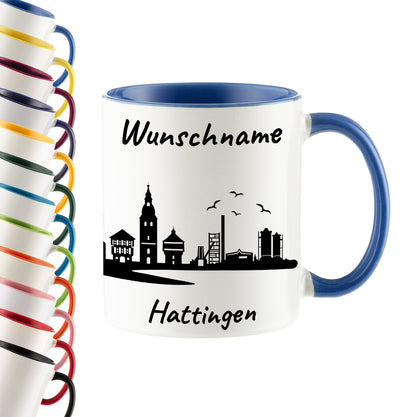Tasse in Cambridge Blau 330ml bedruckt mit der Skyline von Hattingen personalisierbar mit Wunschname