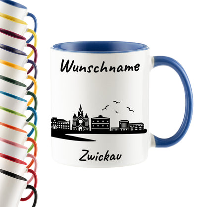 Tasse in Cambridge Blau 330ml bedruckt mit der Skyline von Zwickau personalisierbar mit Wunschname
