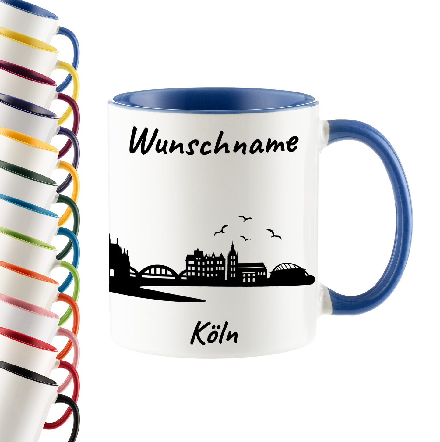 Tasse in Cambridge Blau 330ml bedruckt mit der Skyline von Köln personalisierbar mit Wunschname