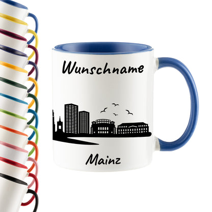 Tasse in Cambridge Blau 330ml bedruckt mit der Skyline von Mainz personalisierbar mit Wunschname