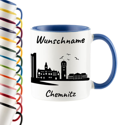 Tasse in Cambridge Blau 330ml bedruckt mit der Skyline von Chemnitz personalisierbar mit Wunschname