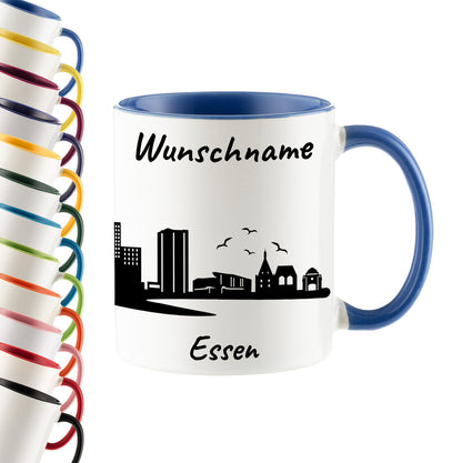 Tasse in Cambridge Blau 330ml bedruckt mit der Skyline von Essen personalisierbar mit Wunschname