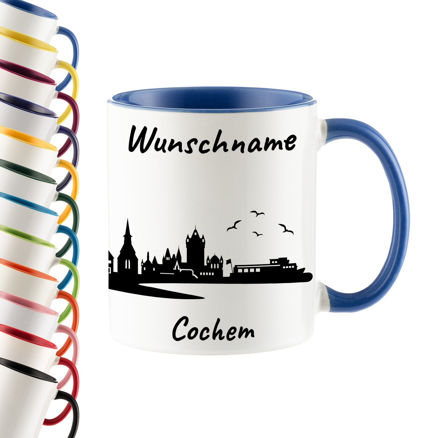 Tasse in Cambridge Blau 330ml bedruckt mit der Skyline von Cochem personalisierbar mit Wunschname