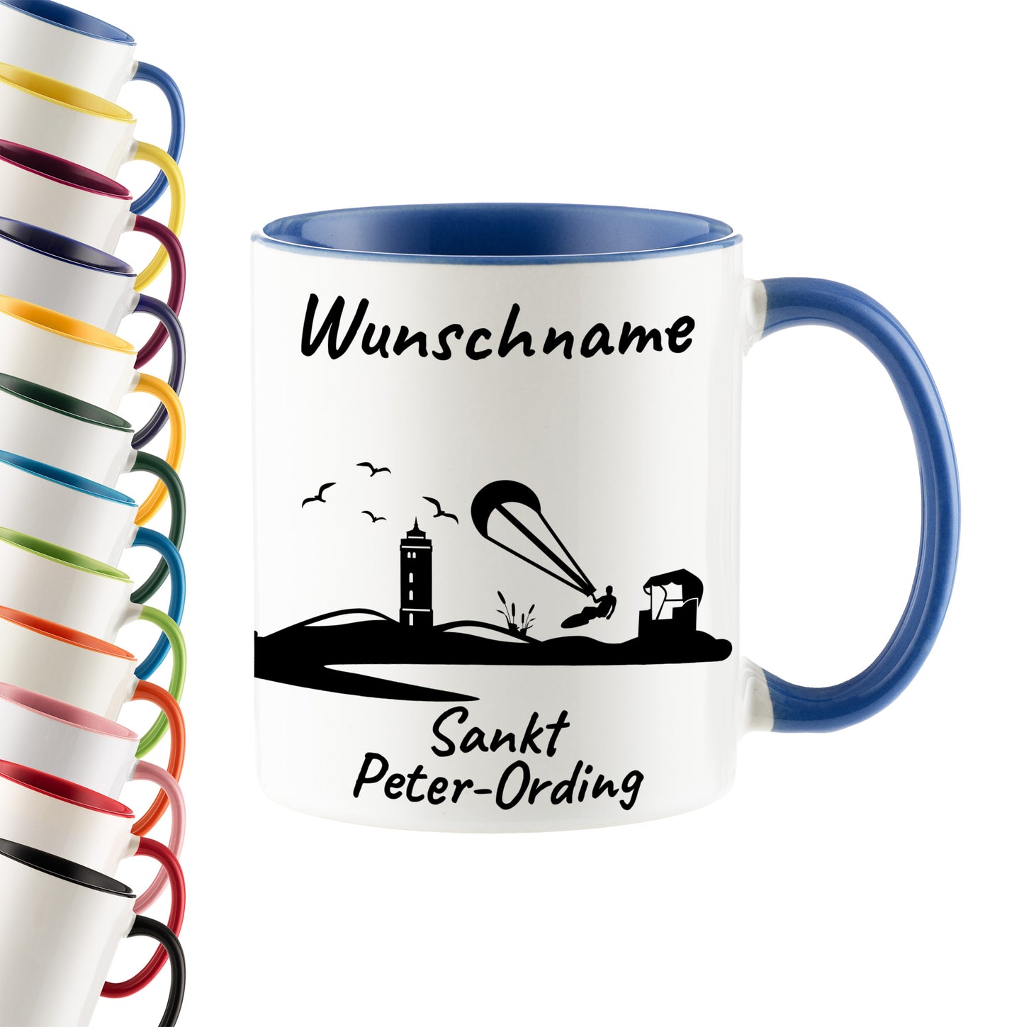 Tasse in Cambridge Blau 330ml bedruckt mit der Skyline von Sankt Peter-Ording personalisierbar mit Wunschname