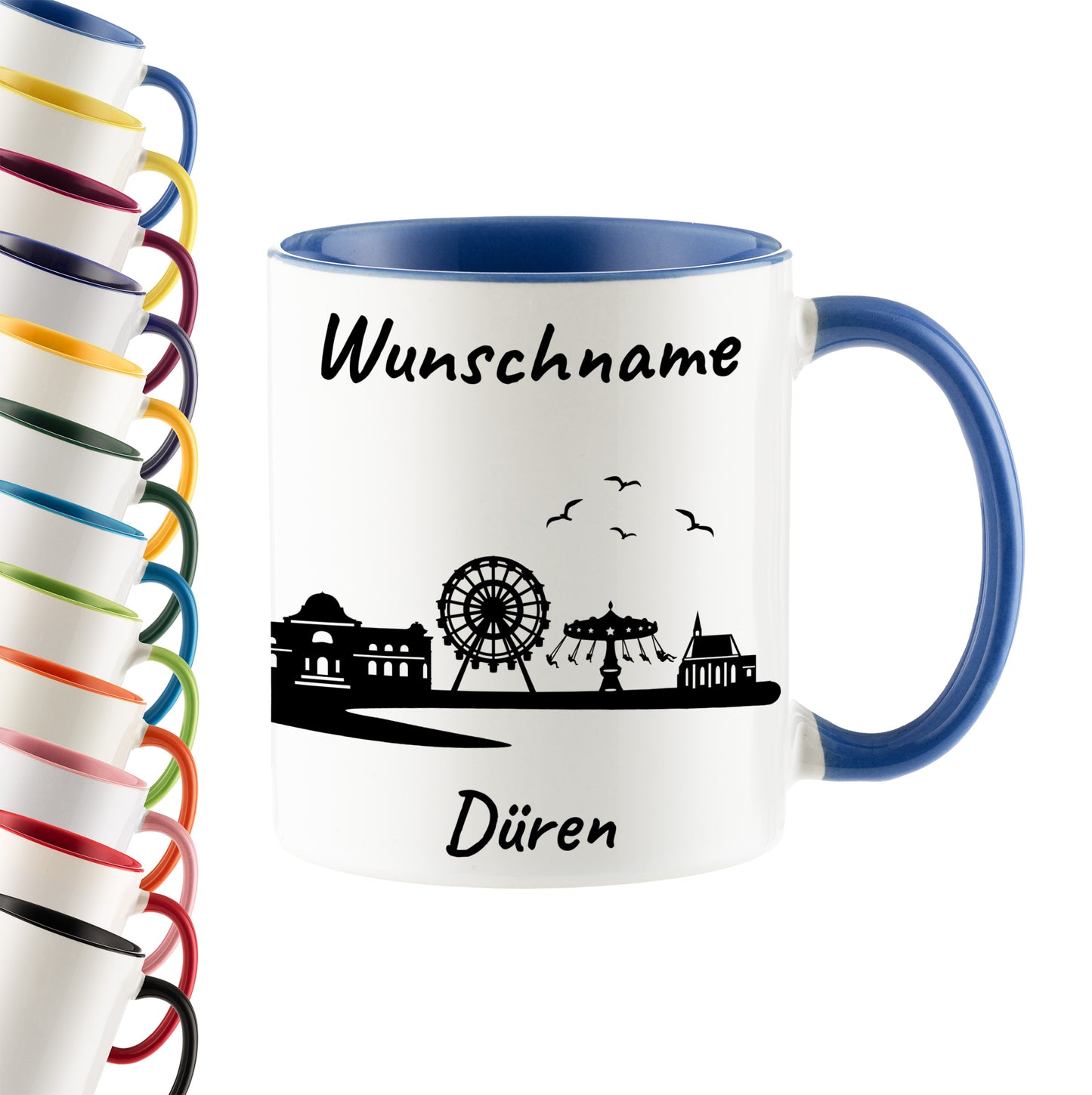 Tasse in Cambridge Blau 330ml bedruckt mit der Skyline von Düren personalisierbar mit Wunschname