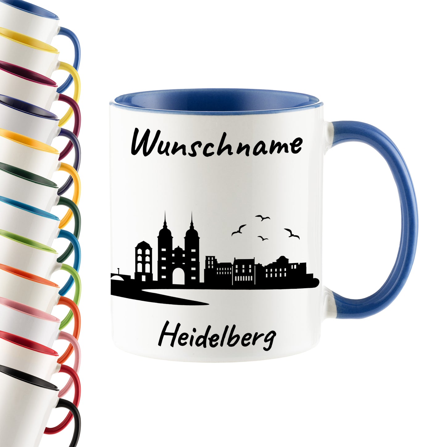Tasse in Cambridge Blau 330ml bedruckt mit der Skyline von Heidelberg personalisierbar mit Wunschname
