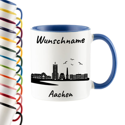 Tasse in Cambridge Blau 330ml bedruckt mit der Skyline von Aachen personalisierbar mit Wunschname