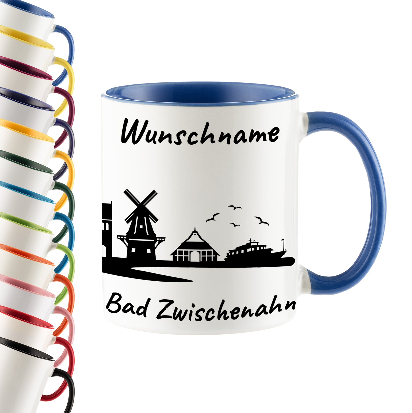Tasse in Cambridge Blau 330ml bedruckt mit der Skyline von Bad Zwischenahn personalisierbar mit Wunschname