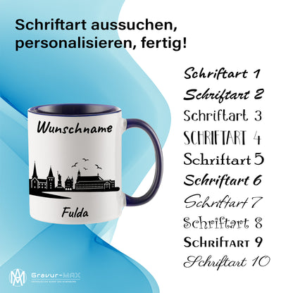 Tasse in Dunkelblau 330ml bedruckt mit der Skyline von Fulda personalisierbar mit Wunschname