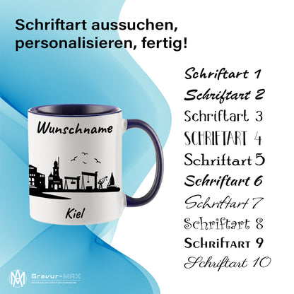 Tasse in Dunkelblau 330ml bedruckt mit der Skyline von Kiel personalisierbar mit Wunschname