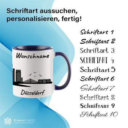 Tasse in Dunkelblau 330ml bedruckt mit der Skyline von Düsseldorf personalisierbar mit Wunschname