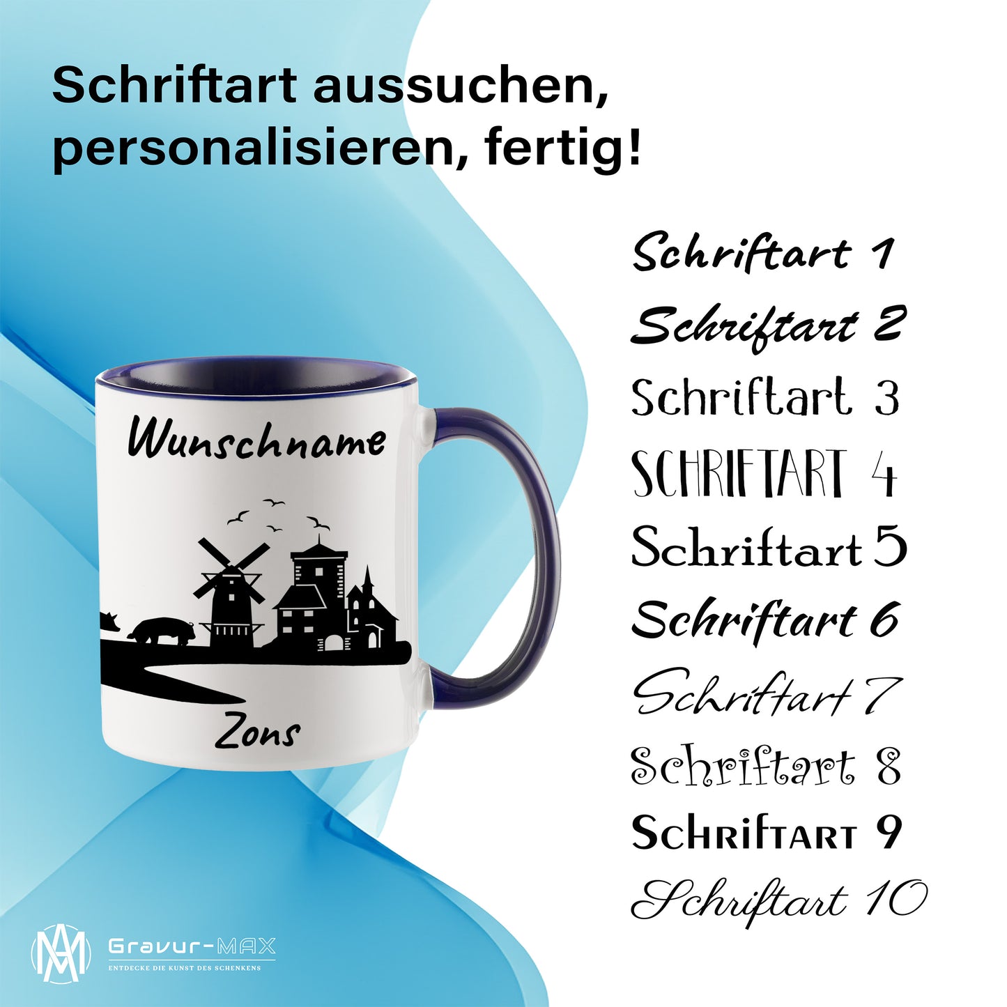 Tasse in Dunkelblau 330ml bedruckt mit der Skyline von Zons (Dormagen) personalisierbar mit Wunschname