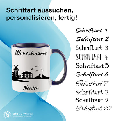 Tasse in Dunkelblau 330ml bedruckt mit der Skyline von Norden personalisierbar mit Wunschname