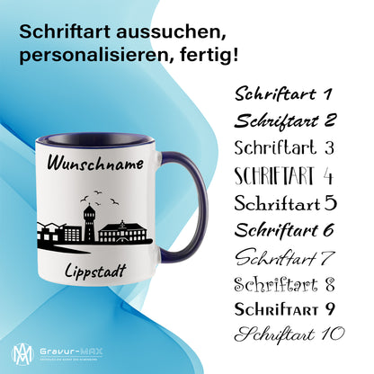 Tasse in Dunkelblau 330ml bedruckt mit der Skyline von Lippstadt personalisierbar mit Wunschname
