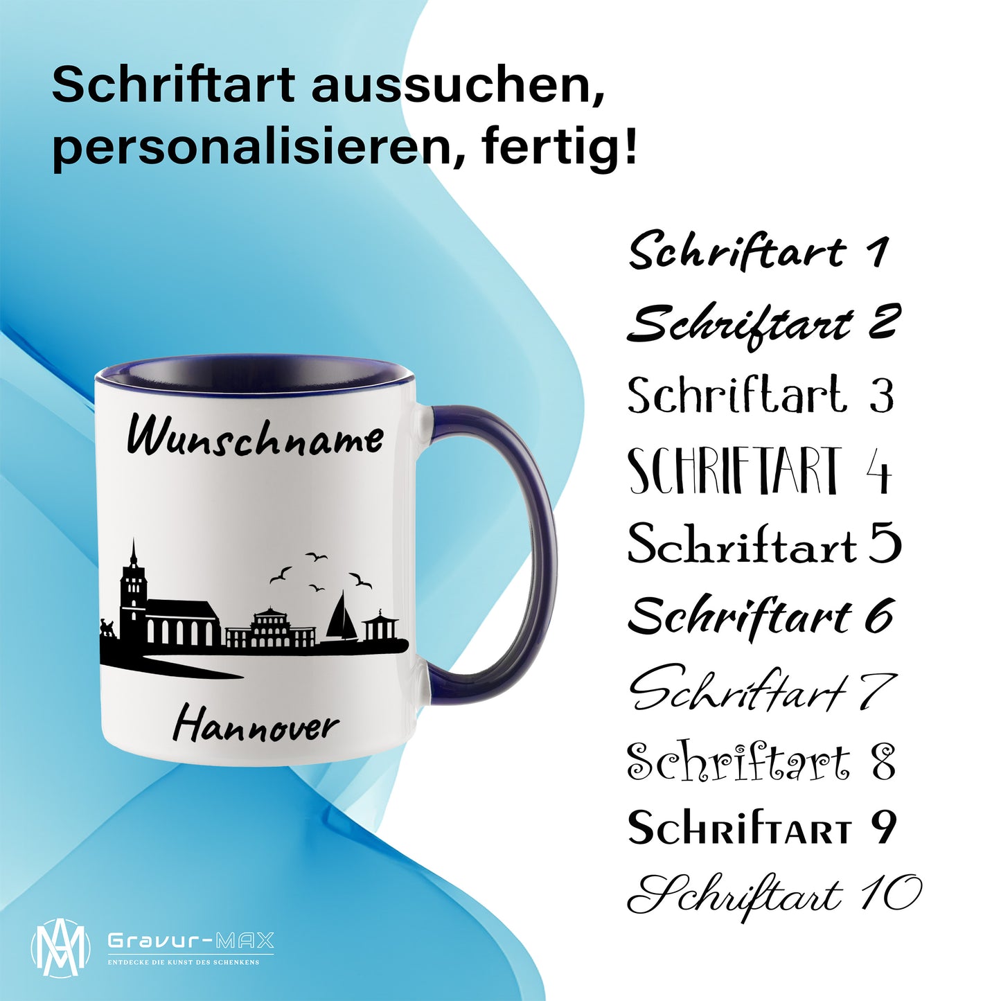Tasse in Dunkelblau 330ml bedruckt mit der Skyline von Hannover personalisierbar mit Wunschname