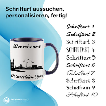 Tasse in Dunkelblau 330ml bedruckt mit der Skyline von Ostwestfalen-Lippe personalisierbar mit Wunschname