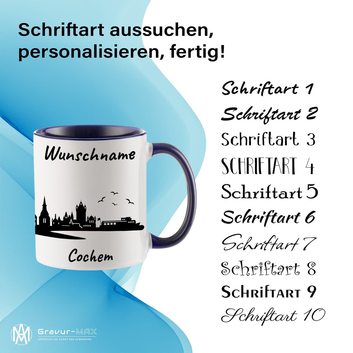 Tasse in Dunkelblau 330ml bedruckt mit der Skyline von Cochem personalisierbar mit Wunschname