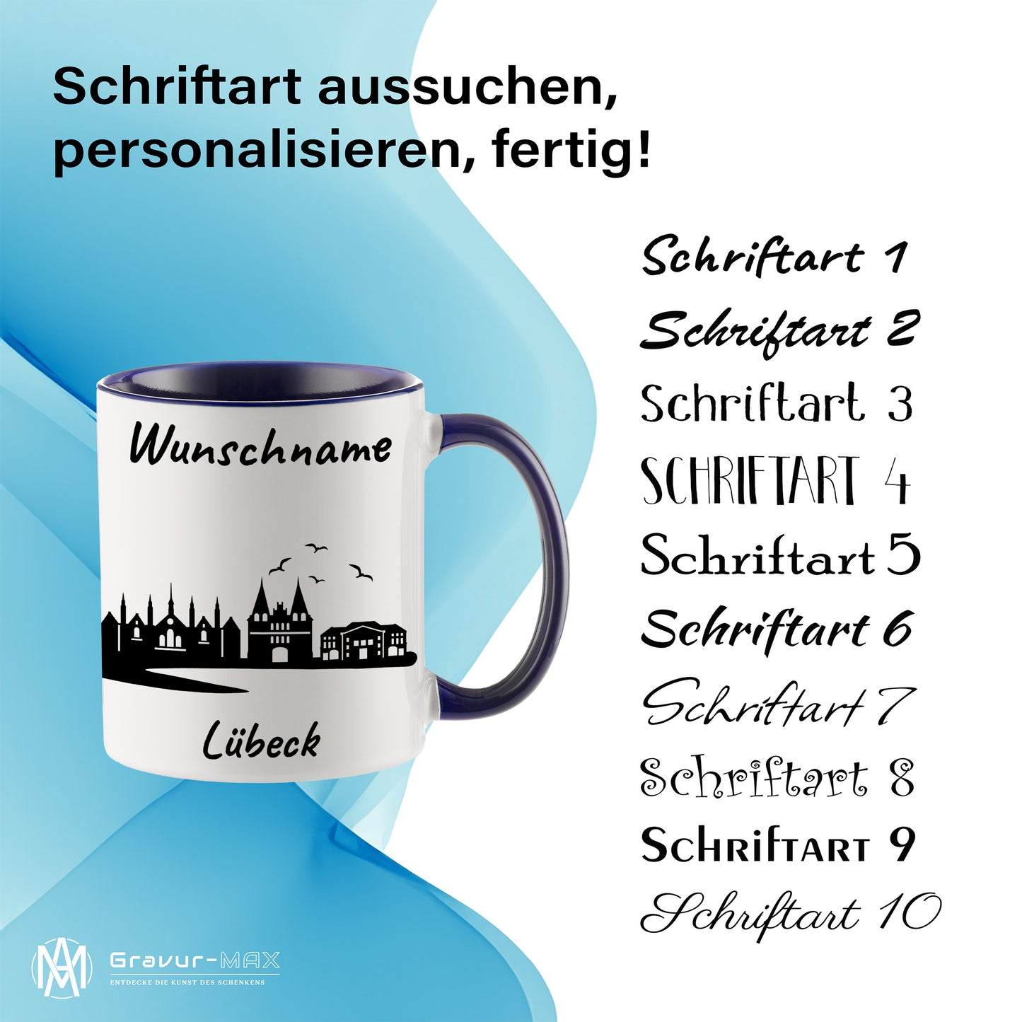 Tasse in Dunkelblau 330ml bedruckt mit der Skyline von Lübeck personalisierbar mit Wunschname