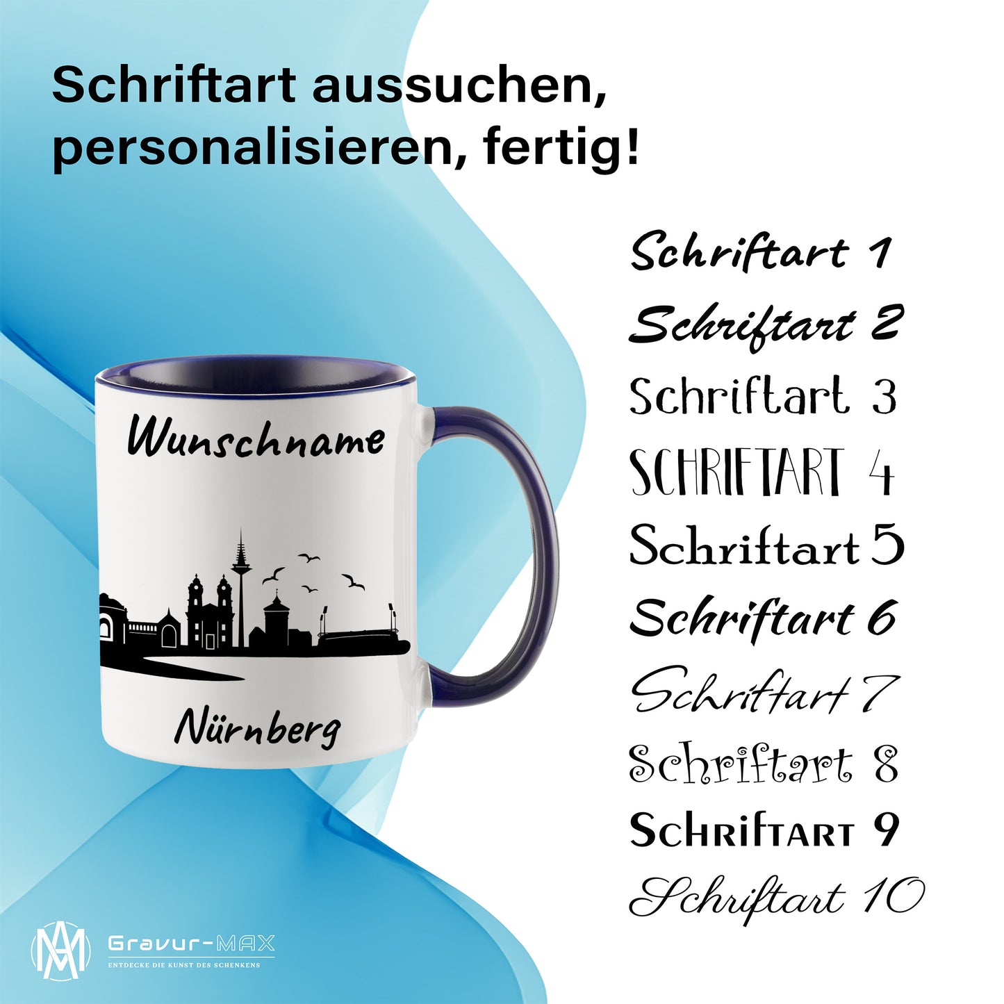 Tasse in Dunkelblau 330ml bedruckt mit der Skyline von Nürnberg personalisierbar mit Wunschname