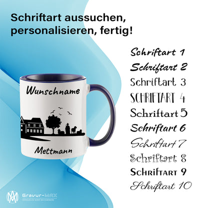Tasse in Dunkelblau 330ml bedruckt mit der Skyline von Mettmann personalisierbar mit Wunschname