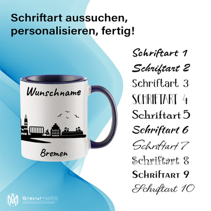 Tasse in Dunkelblau 330ml bedruckt mit der Skyline von Bremen personalisierbar mit Wunschname