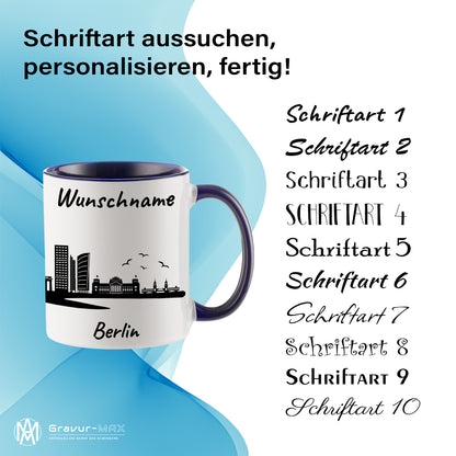 Tasse in Dunkelblau 330ml bedruckt mit der Skyline von Berlin personalisierbar mit Wunschname