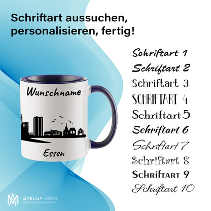 Tasse in Dunkelblau 330ml bedruckt mit der Skyline von Essen personalisierbar mit Wunschname