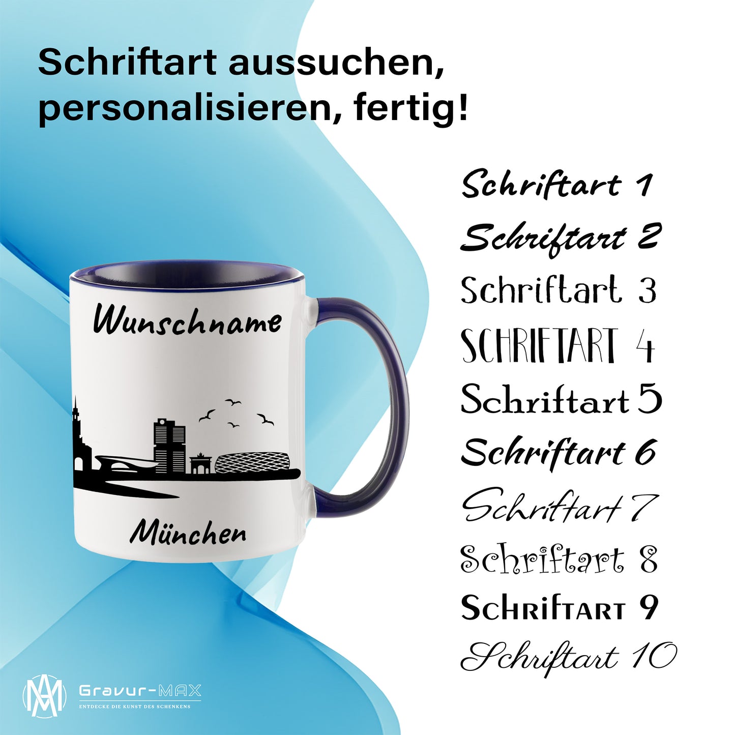 Tasse in Dunkelblau 330ml bedruckt mit der Skyline von München personalisierbar mit Wunschname