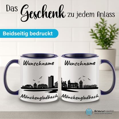 Tasse in Dunkelblau 330ml bedruckt mit der Skyline von Mönchengladbach personalisierbar mit Wunschname