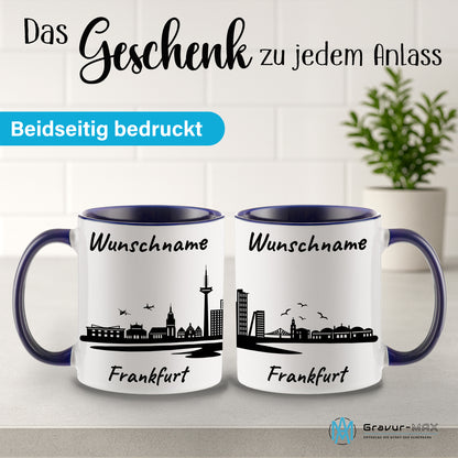 Tasse in Dunkelblau 330ml bedruckt mit der Skyline von Frankfurt personalisierbar mit Wunschname