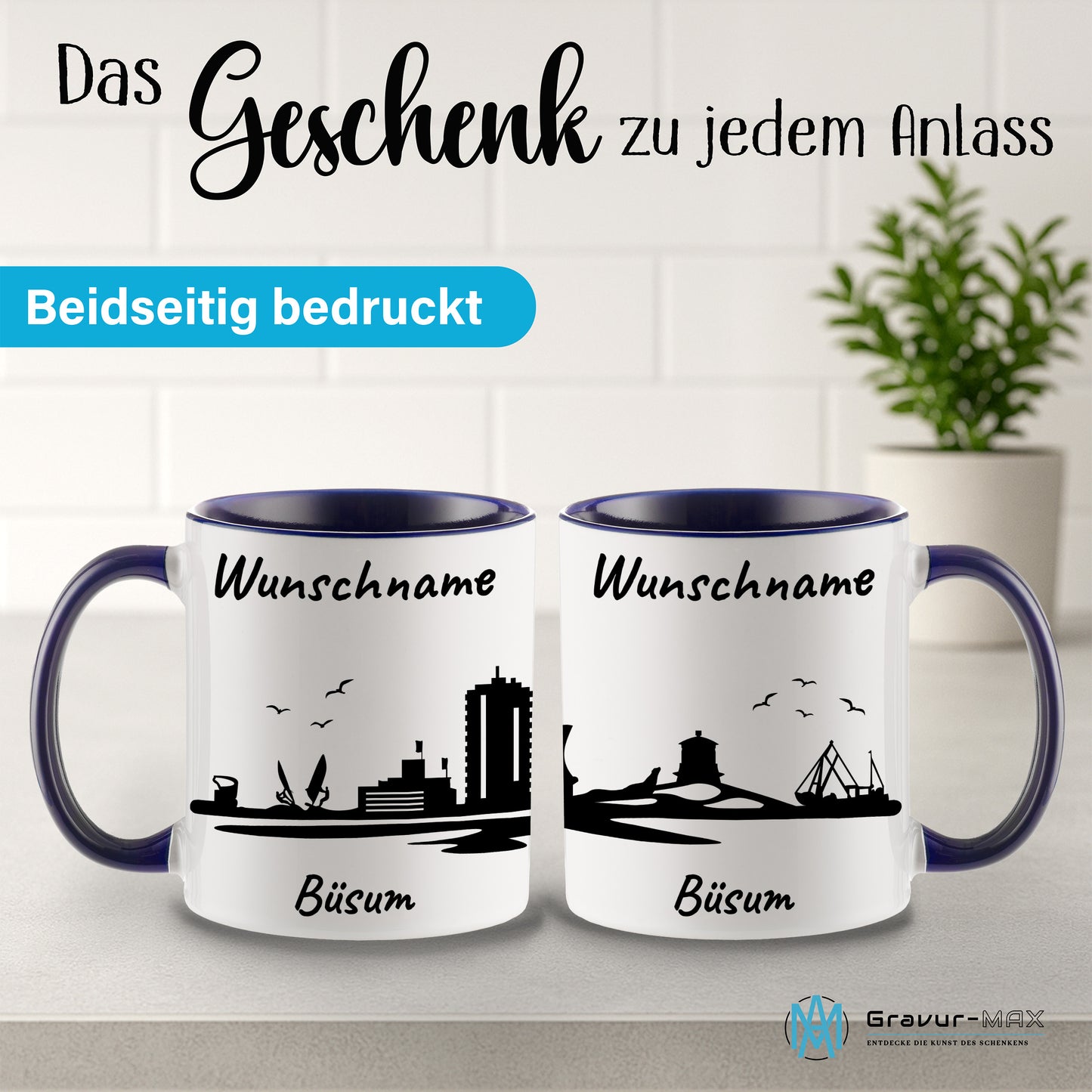 Tasse in Dunkelblau 330ml bedruckt mit der Skyline von Büsum personalisierbar mit Wunschname