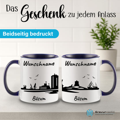 Tasse in Dunkelblau 330ml bedruckt mit der Skyline von Büsum personalisierbar mit Wunschname