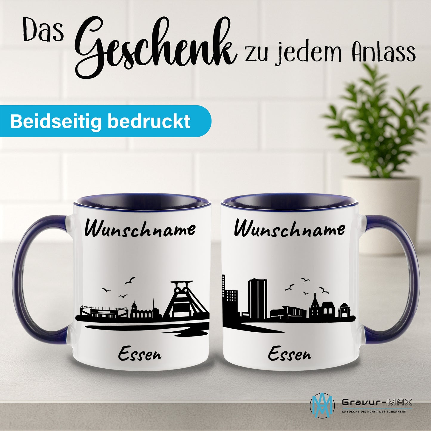 Tasse in Dunkelblau 330ml bedruckt mit der Skyline von Essen personalisierbar mit Wunschname