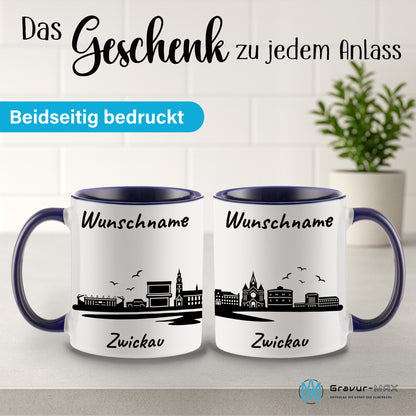 Tasse in Dunkelblau 330ml bedruckt mit der Skyline von Zwickau personalisierbar mit Wunschname