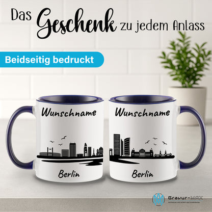 Tasse in Dunkelblau 330ml bedruckt mit der Skyline von Berlin personalisierbar mit Wunschname
