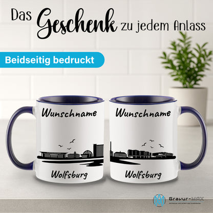 Tasse in Dunkelblau 330ml bedruckt mit der Skyline von Wolfsburg personalisierbar mit Wunschname