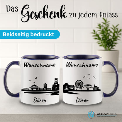 Tasse in Dunkelblau 330ml bedruckt mit der Skyline von Düren personalisierbar mit Wunschname