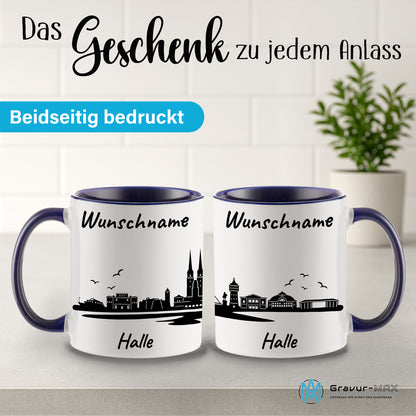 Tasse in Dunkelblau 330ml bedruckt mit der Skyline von Halle personalisierbar mit Wunschname