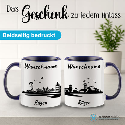 Tasse in Dunkelblau 330ml bedruckt mit der Skyline von Rügen personalisierbar mit Wunschname