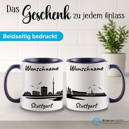 Tasse in Dunkelblau 330ml bedruckt mit der Skyline von Stuttgart personalisierbar mit Wunschname