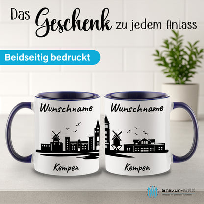Tasse in Dunkelblau 330ml bedruckt mit der Skyline von Kempen personalisierbar mit Wunschname