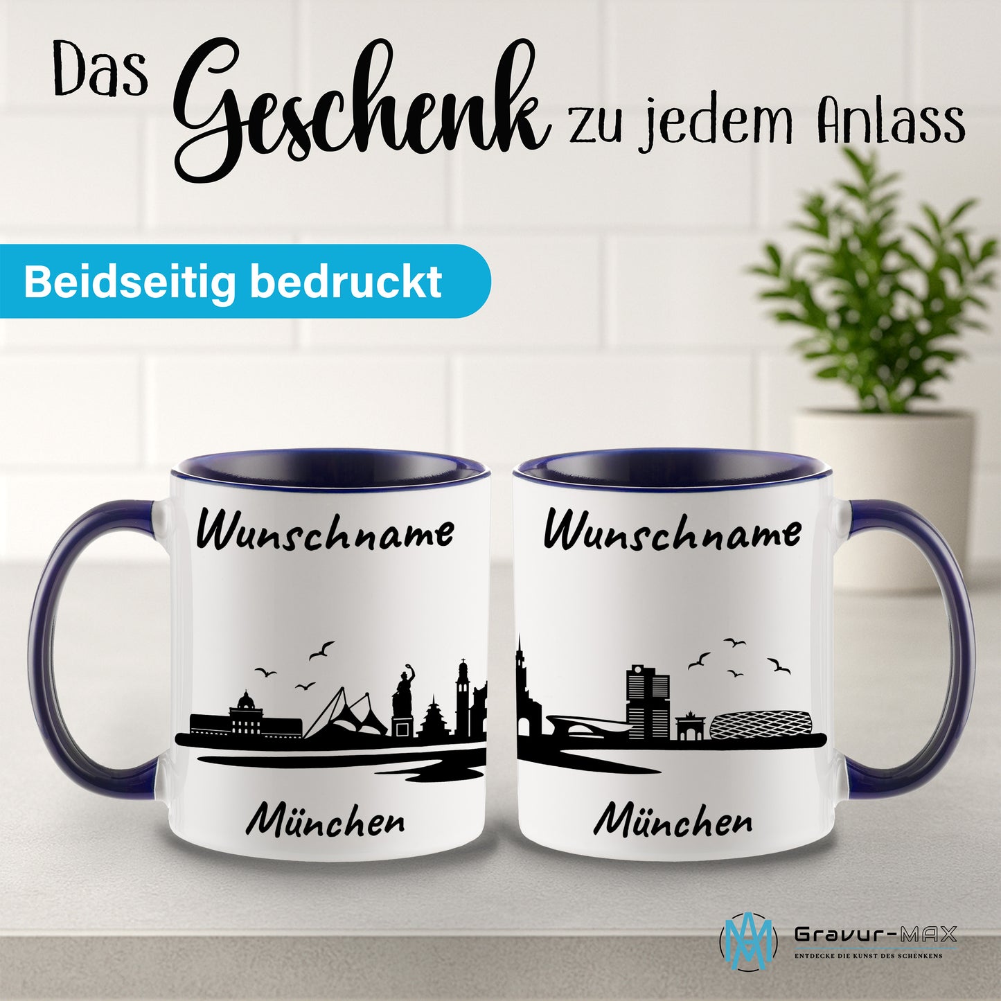 Tasse in Dunkelblau 330ml bedruckt mit der Skyline von München personalisierbar mit Wunschname