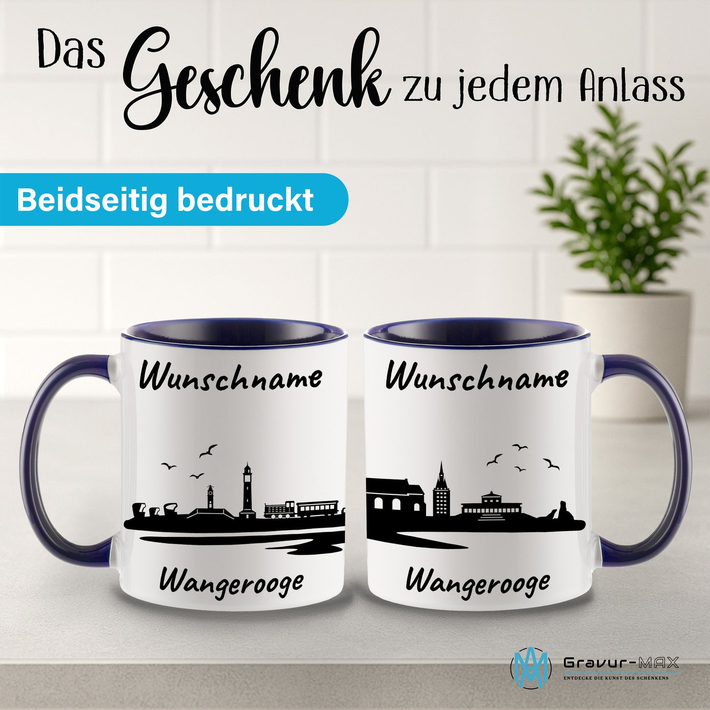 Tasse in Dunkelblau 330ml bedruckt mit der Skyline von Wangerooge personalisierbar mit Wunschname