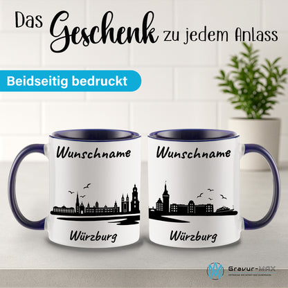 Tasse in Dunkelblau 330ml bedruckt mit der Skyline von Würzburg personalisierbar mit Wunschname