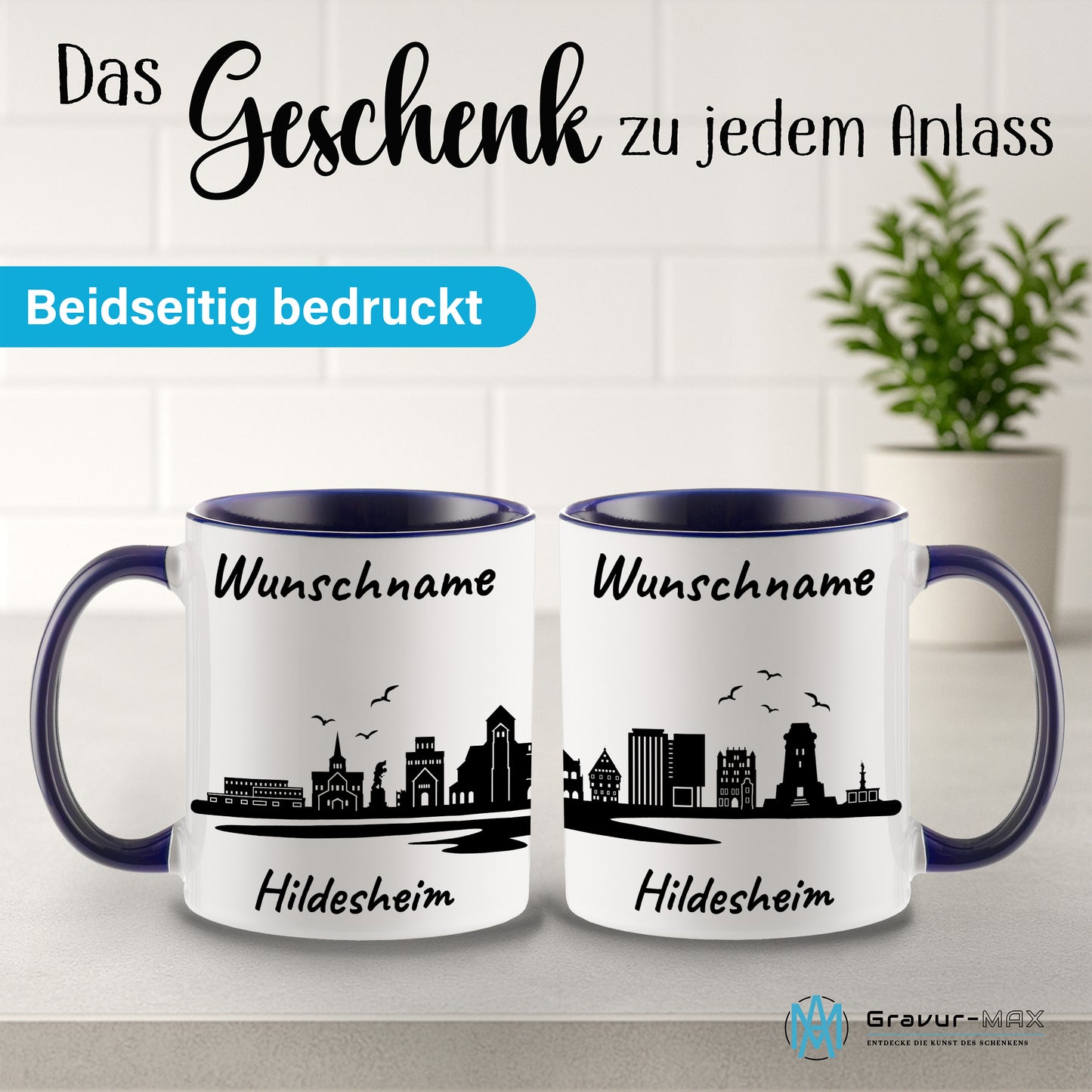 Tasse in Dunkelblau 330ml bedruckt mit der Skyline von Hildesheim personalisierbar mit Wunschname