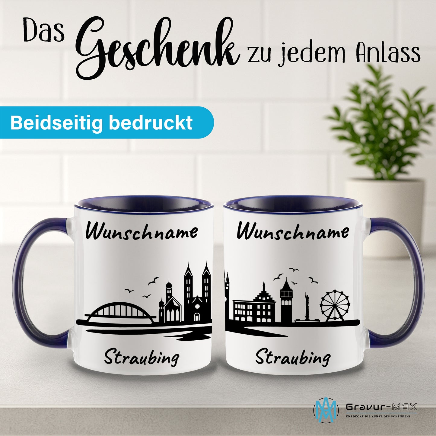 Tasse in Dunkelblau 330ml bedruckt mit der Skyline von Straubing personalisierbar mit Wunschname