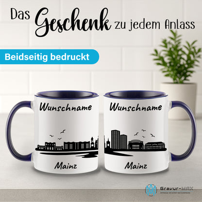 Tasse in Dunkelblau 330ml bedruckt mit der Skyline von Mainz personalisierbar mit Wunschname