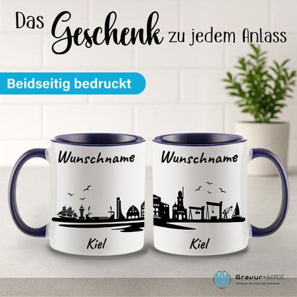 Tasse in Dunkelblau 330ml bedruckt mit der Skyline von Kiel personalisierbar mit Wunschname