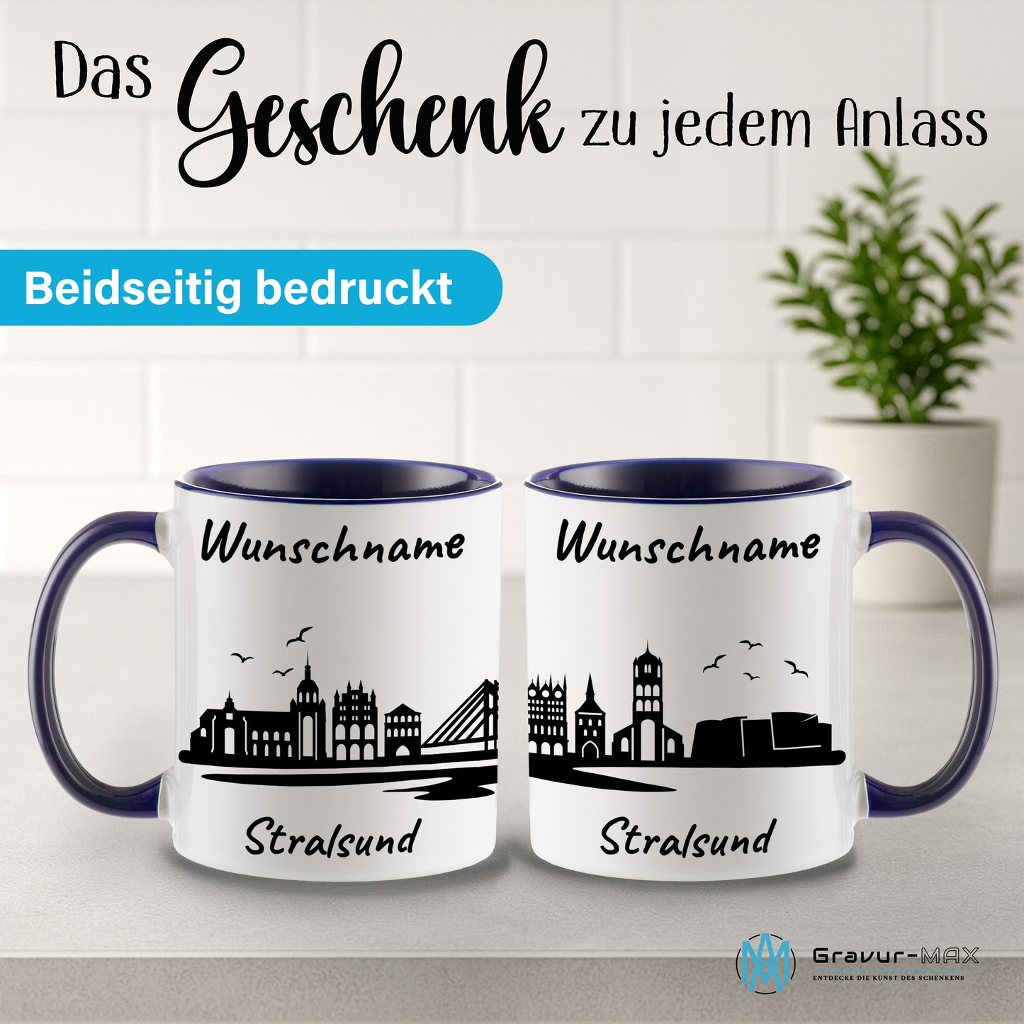 Tasse in Dunkelblau 330ml bedruckt mit der Skyline von Stralsund personalisierbar mit Wunschname